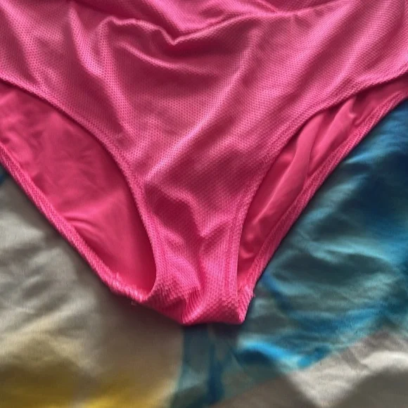 Striped Black and White Bikini Top with Pink Aerie High-Waist Bottom Set - Picture 4 of 14